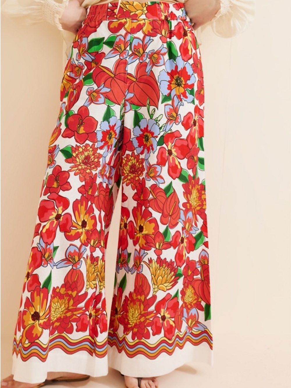 FARM Rio Red & White Wide-Leg Floral Palazzo Pants